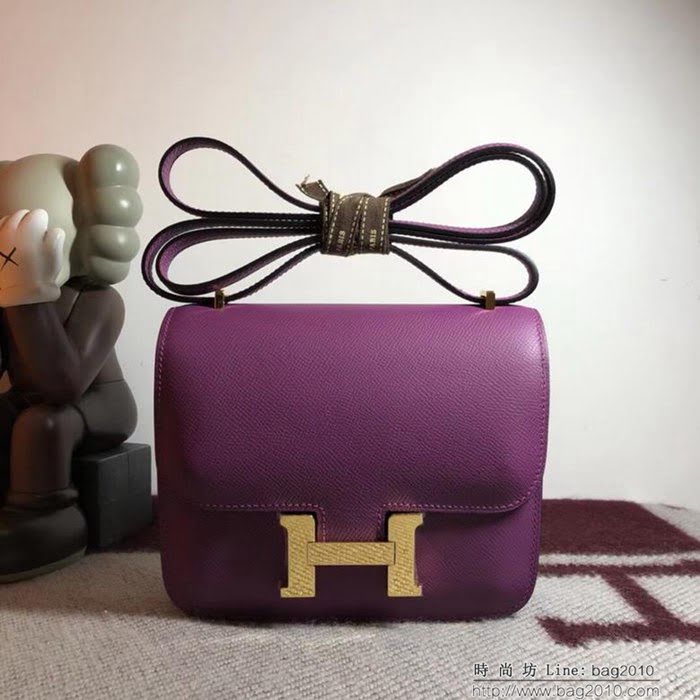 HERMES愛馬仕 空姐包 constance 海葵紫 EPSOM 18cm 金扣扣 銀扣扣 蠟線縫製 單肩斜挎包  Ama1469